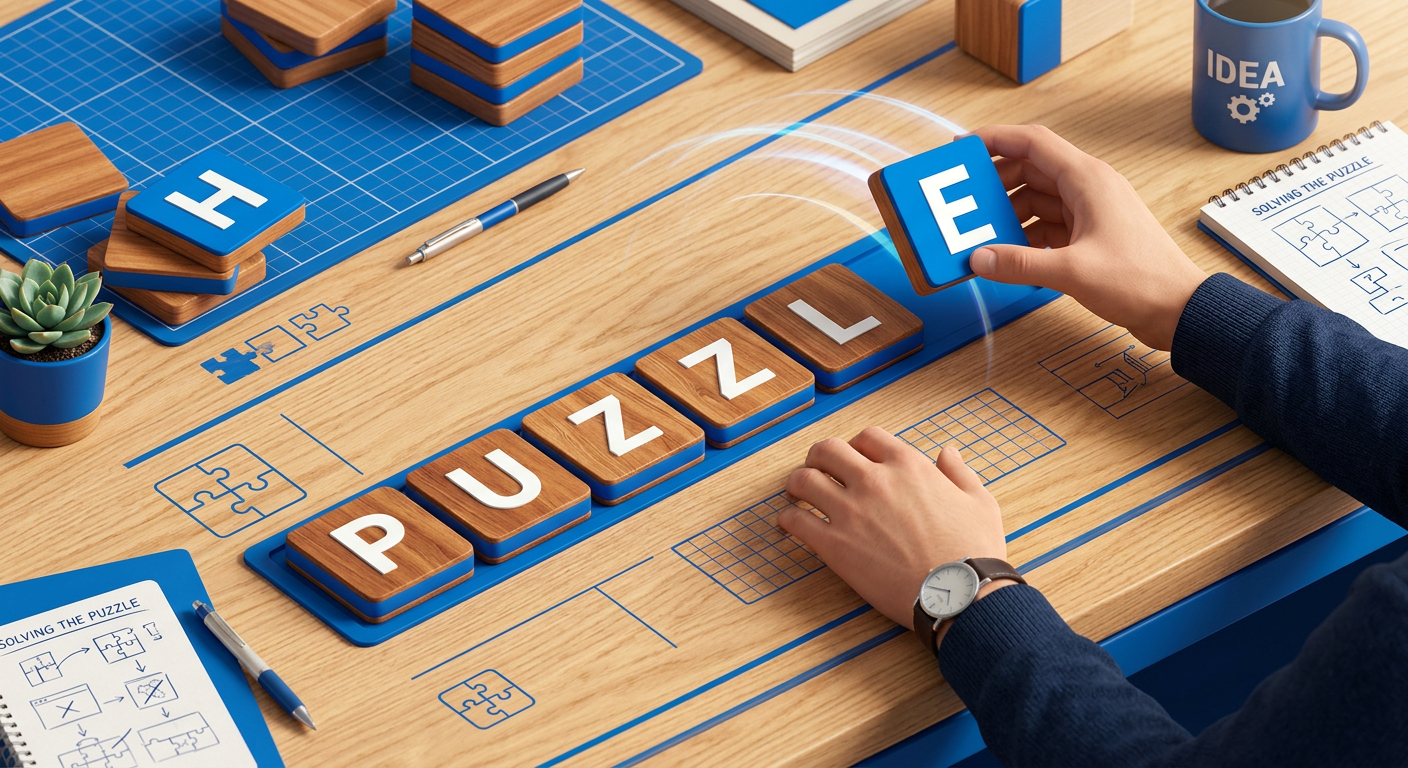 Seven scrambled letter tiles being arranged into a word in isometric view