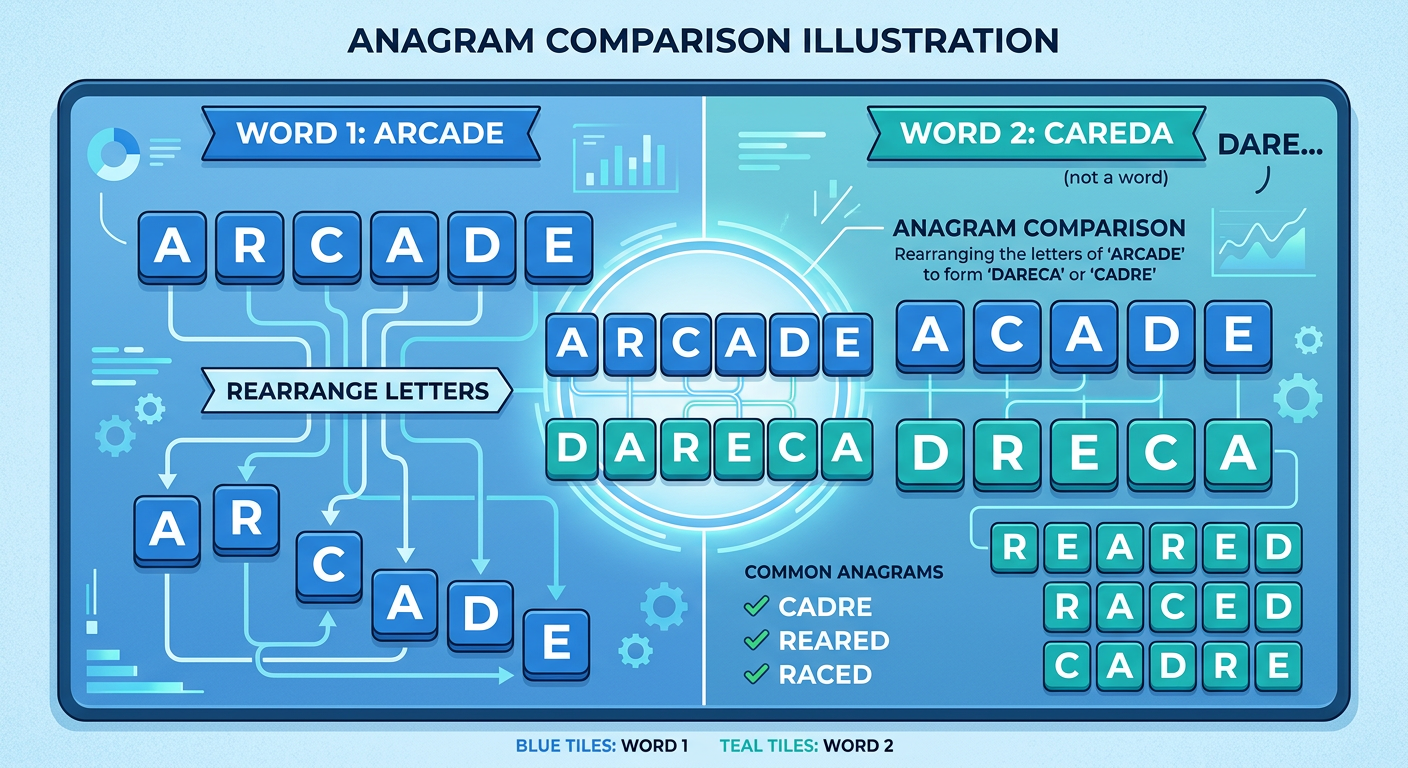 Two overlapping word tile arrangements showing anagram comparison