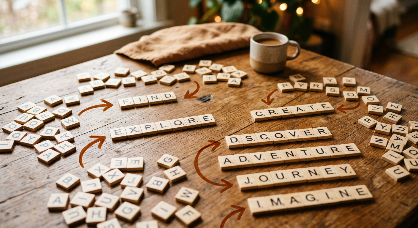Letter tiles scattered on a surface with arrows pointing toward formed words