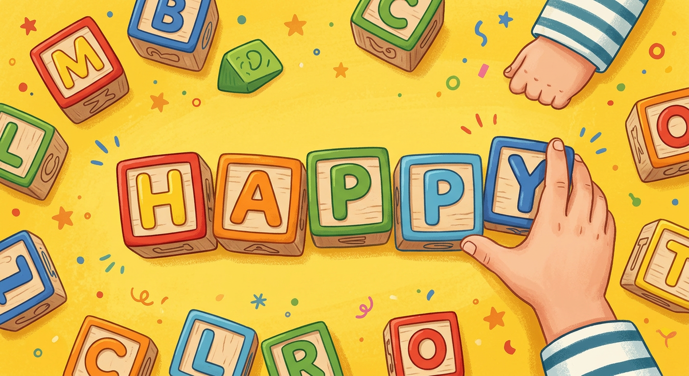 Colorful wooden alphabet blocks being arranged to spell words on a bright yellow background