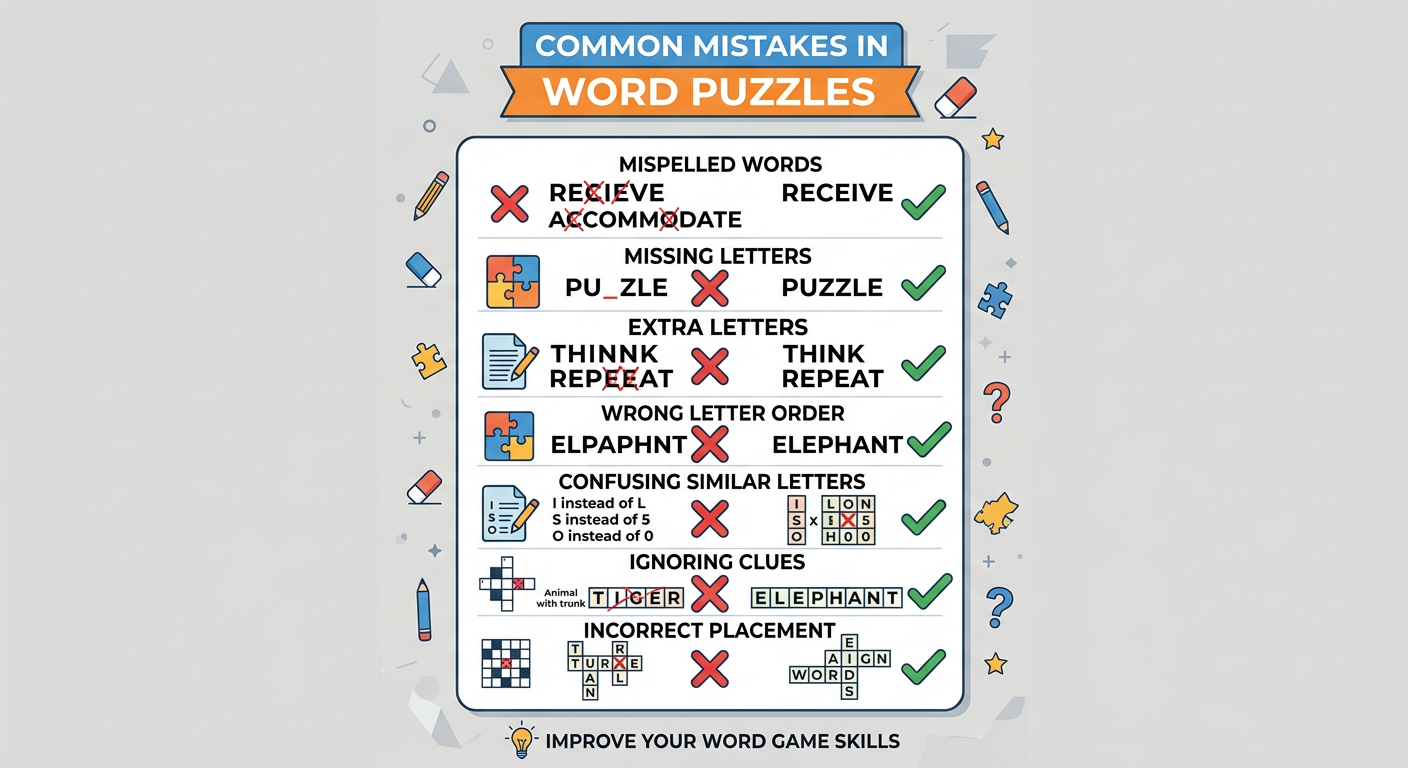Checklist showing common word unscrambling mistakes with red X marks next to incorrect letter arrangements