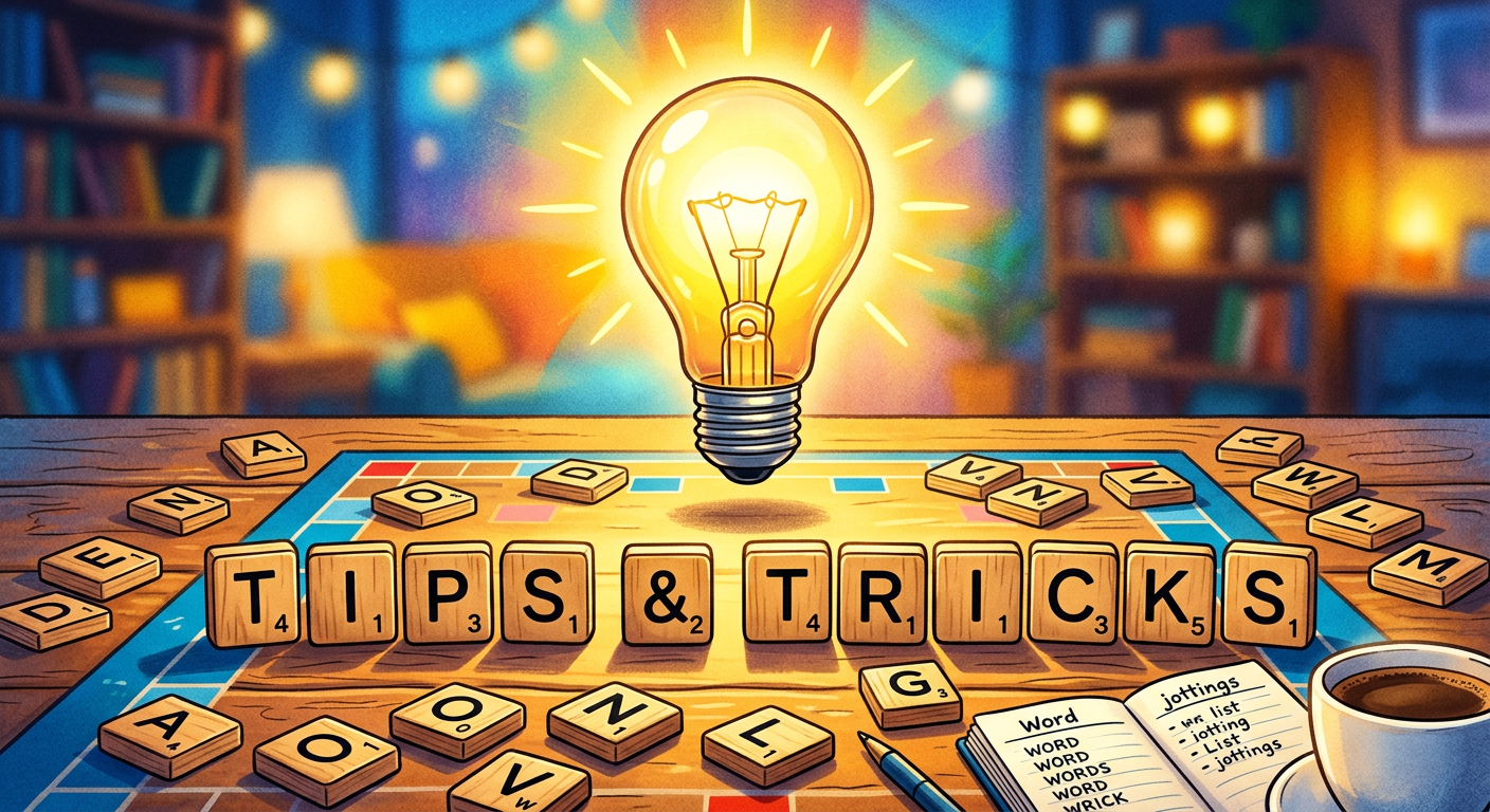 Lightbulb above letter tiles representing tips and tricks for word games