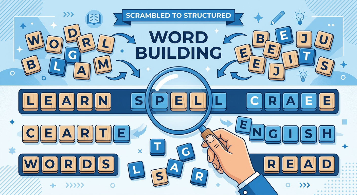 Scrambled letter tiles being rearranged into words with a magnifying glass